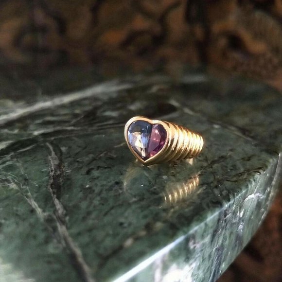 Vintage Bvlgari 18K Yellow Gold Aquamarine Amethyst Heart Ring - Picture 5 of 13